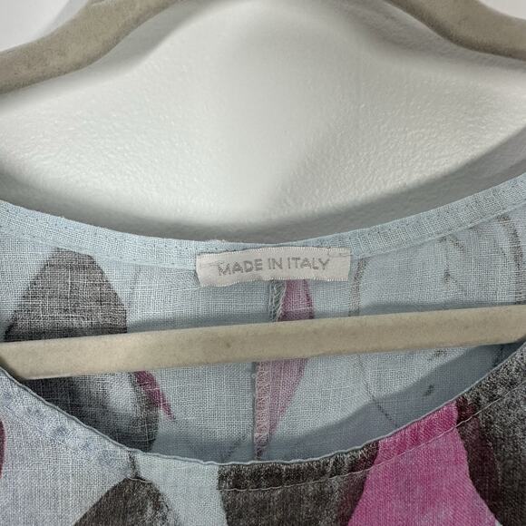 Unbranded 100% Linen Blue Leaf Print Short Sleeve High Low Tunic Top Breathable - Picture 3 of 5